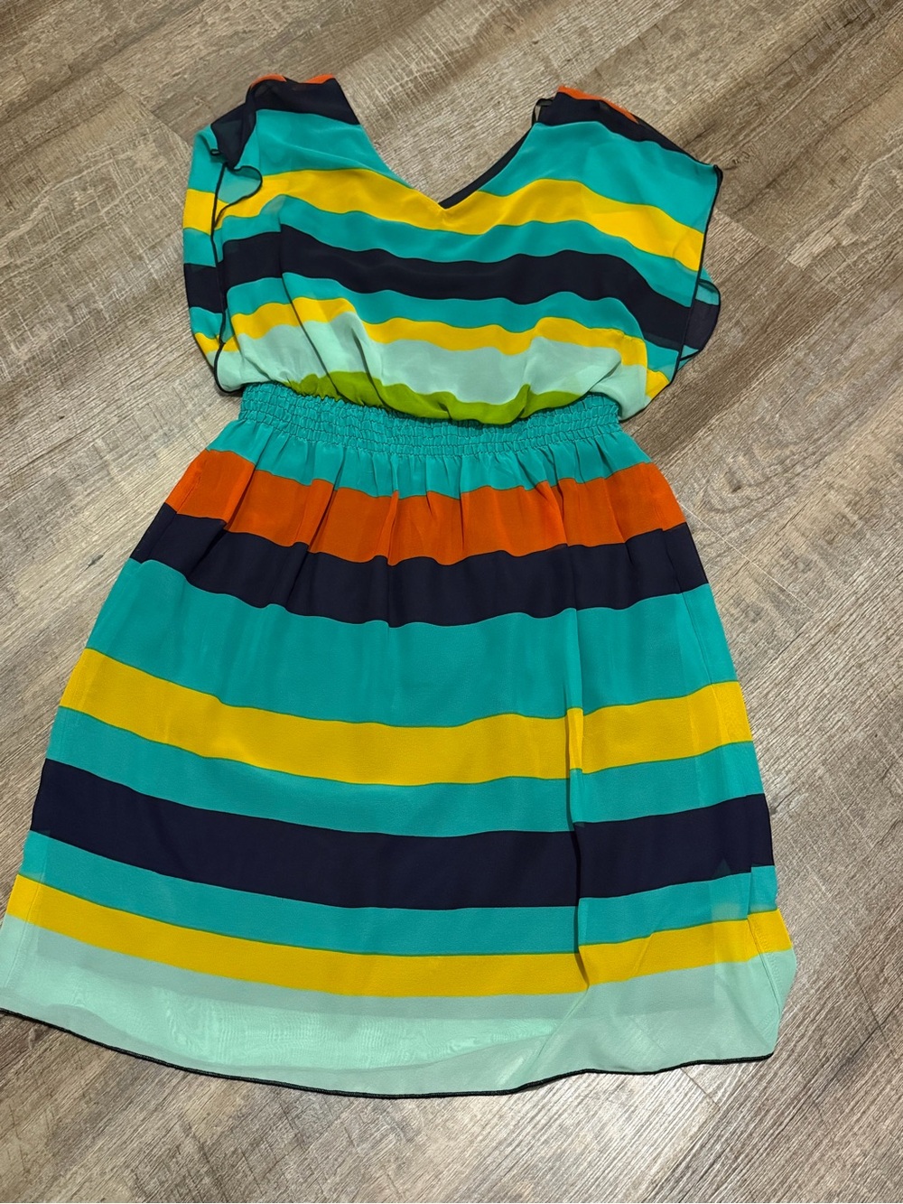 Enfocus Studio Teal, Yellow, Navy & Orange Striped Girls Dress